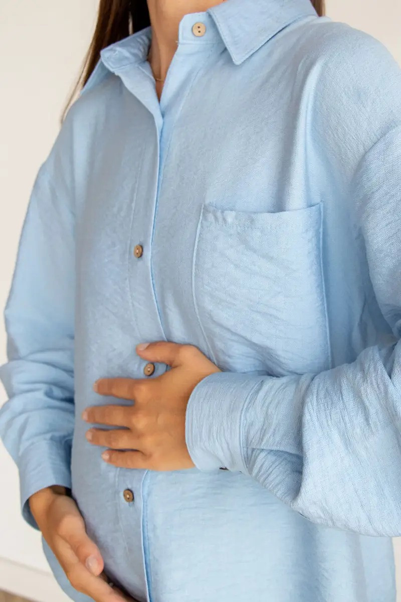 Голубая рубашка для беременных и кормящих мам на пуговицах из натуральной хлопковой "жатки", 3101711-Г 46 - фото 6 - id-p1666510770