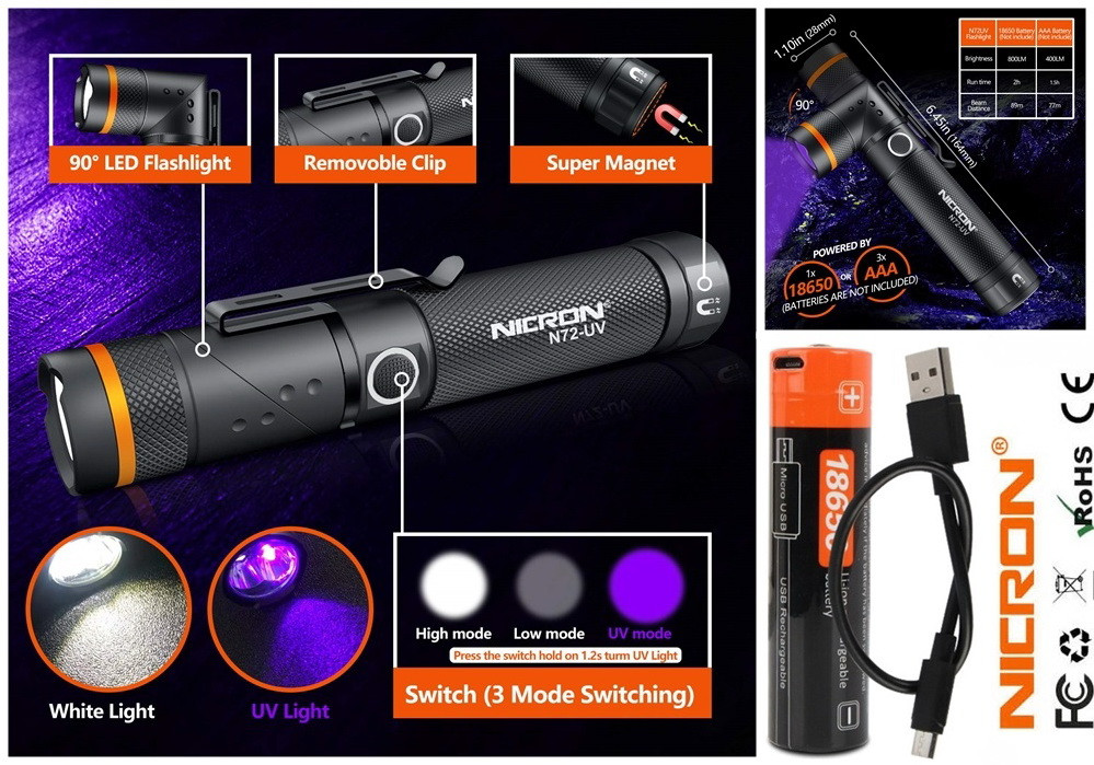 Ліхтар Nicron N72-UV з ультрафіолетом + Акумулятор Micro USB (800LM, 18650, IPX4, Торцевий магніт, Кліпса)