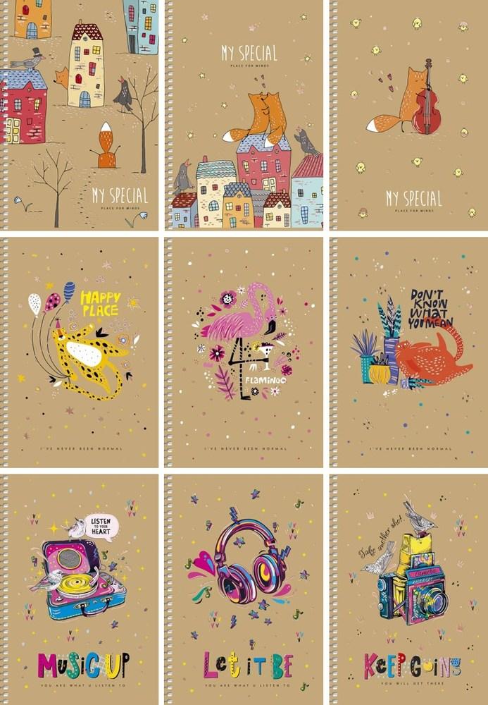 Блокнот А5 96 арк спіраль клітинка крафт обкл крем блок тисн фольгою STUDENT 6101 Асорті, фото 1