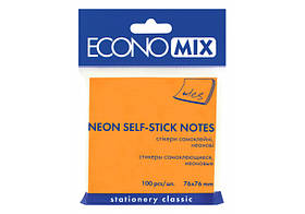 Блок паперу з липким шаром Economix 75*75*100 арк помаранчевий неон