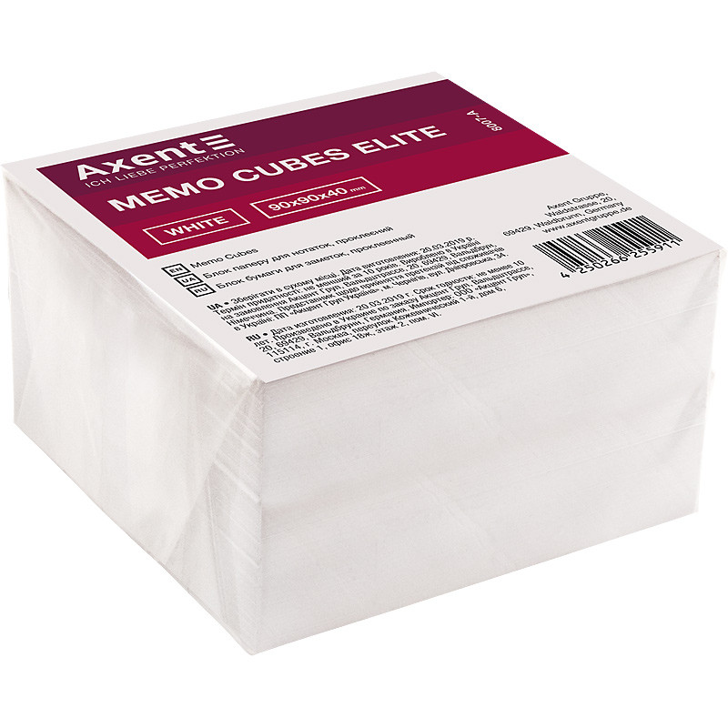 Папір для нотаток Axent Elite White 90*90*40 мм проклеєний, фото 1