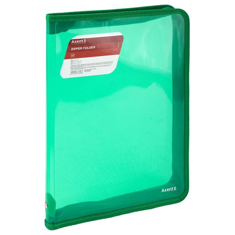 Папка об'ємна на блискавці А4 Axent проз., зелена, фото 1