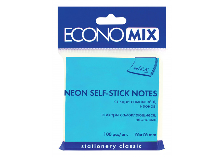 Блок паперу з липким шаром Economix 75*75*100 арк блакитний неон, фото 1
