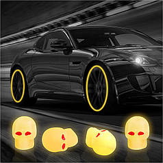 Ковпачки, що світяться, на ніпель авто Череп Alitek Skull Neon Yellow, 4 шт.