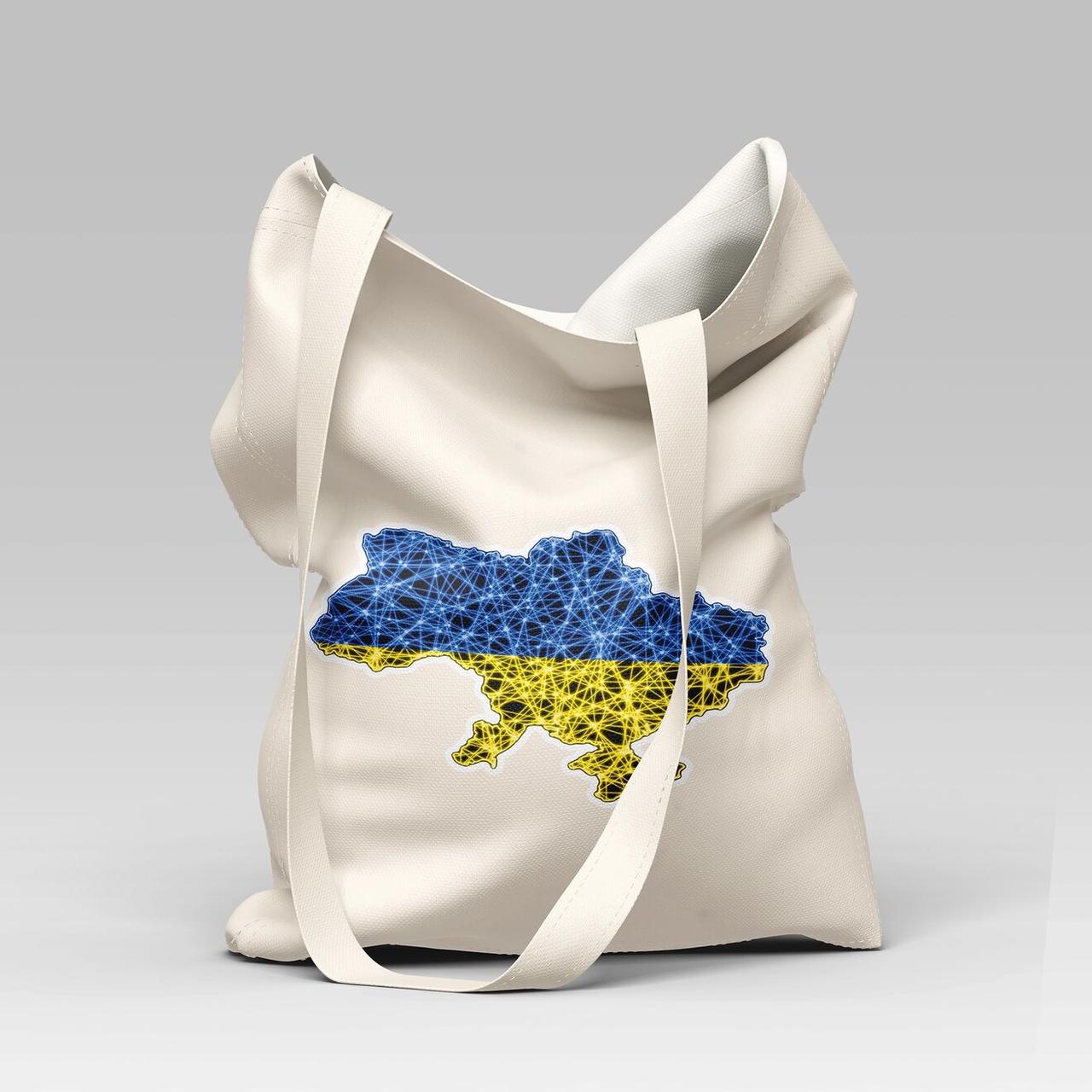 Сумка шопер бежева «Україна!» з картою України 35х42 см вертикальна тканинна / Еко сумка для покупок, фото 1