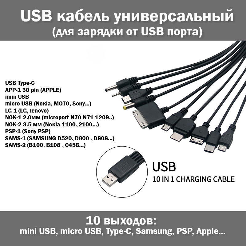 Купить 10 в 1 универсальный USB кабель для зарядки телефонов планшетов ...