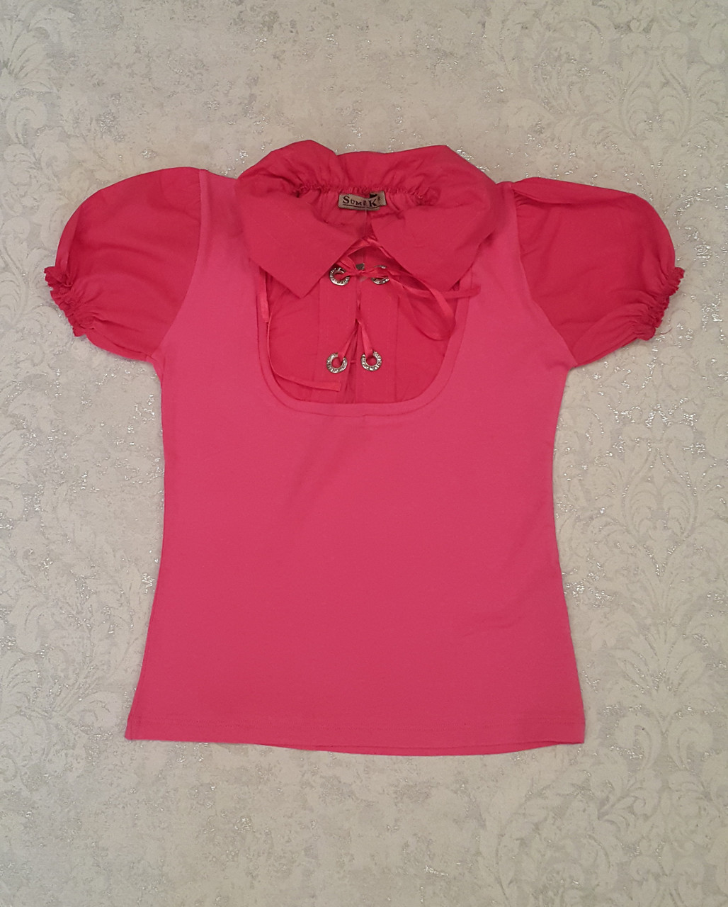 Блуза-обманка для дівчаток 116-146 зросту з коротким рукавом Малинка