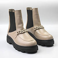 Челси кожаные бежевые на овчине цигейке женская обувь зимняя COSMO Shoes Chain Chelsea Latte