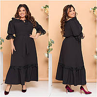 Вечернее черное длинное платье с оборками и поясом большие размеры
