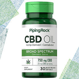 Конопляне масло Piping Rock КБД 750 мг (25 мг на порцію) 30 гелевих капсул