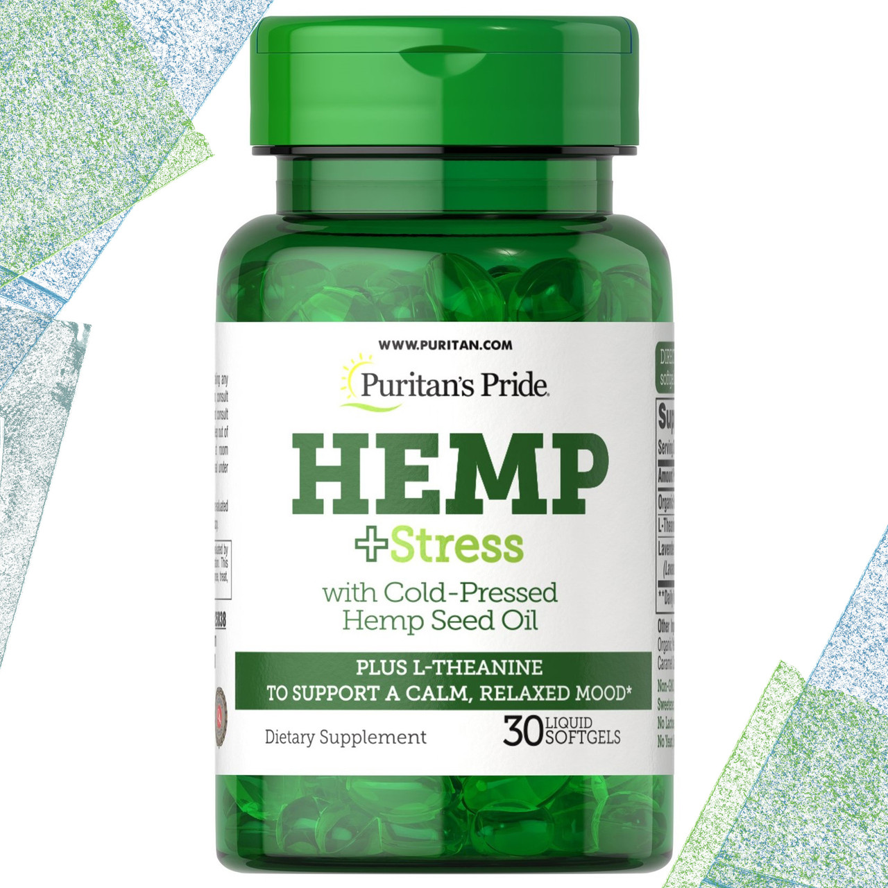 Масло Коноплі + Л-Теанін Puritan's Pride Hemp + Stress L-Theanine 30 рідких гелевих капсул