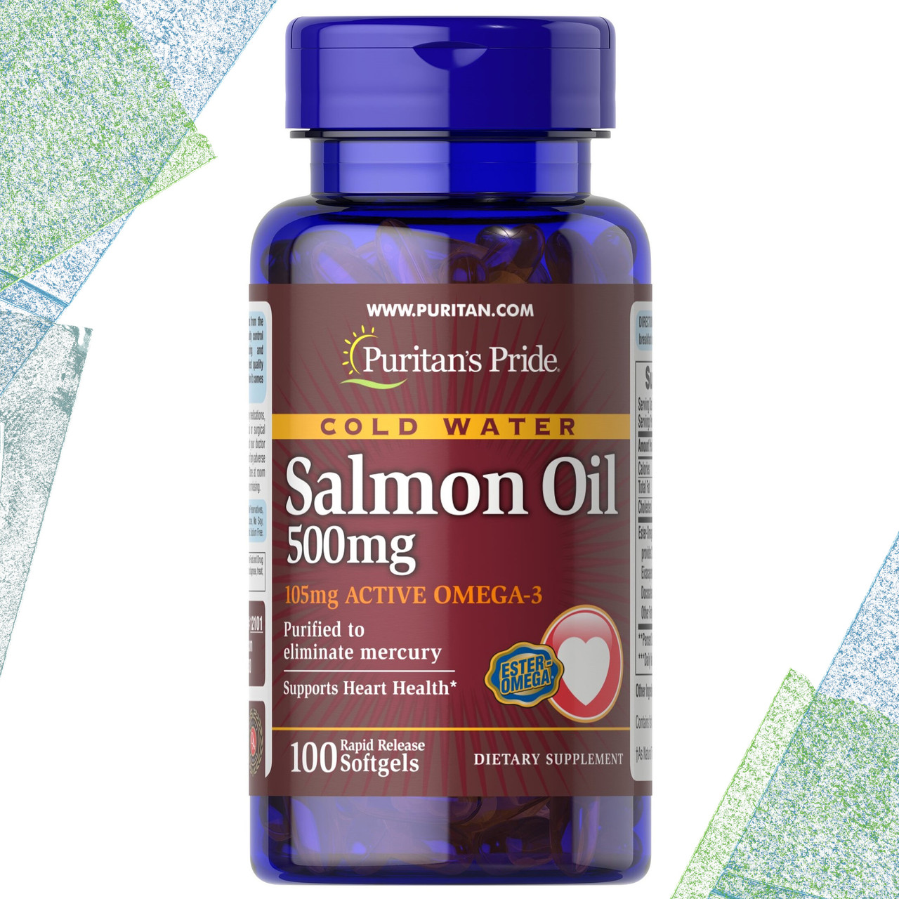 Масло лосося Puritan's Pride Salmon Oil 500 мкг (1050 мг Active Omega-3) Cold Water 100 гелевих капсул
