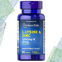 Л-Лизин + Цинк Puritan's Pride L-Lysine 1000 мг & Zinc 30 мг на порцию 60 таблеток