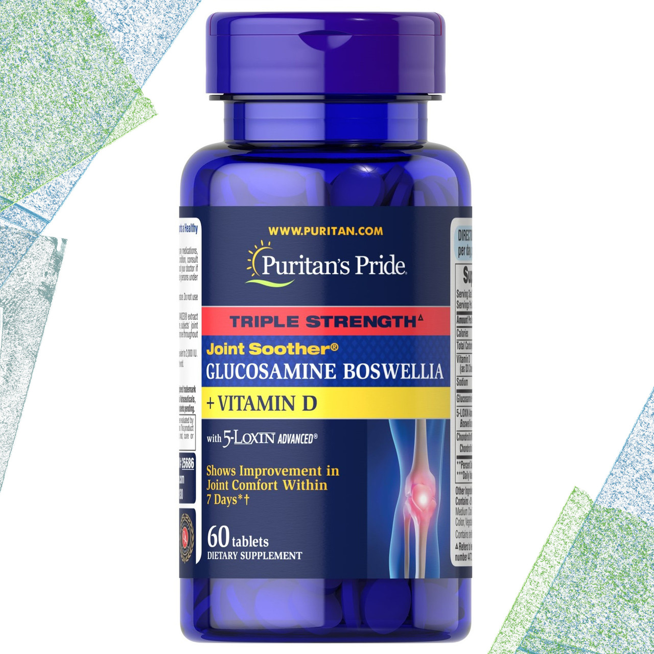 Хондропротектор Puritan's Pride Triple Strength Glucosamine Boswellia + Vitamin D with 5-Loxin 60 таблеток - фото 1 - id-p1690494650