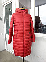 Батальная женская зимняя куртка - пальто утепленная с капюшоном больших размеров темно-красная 48-58 54