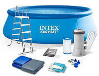 Надувной бескаркасный круглый бассейн Intex 26168 (457-122см, фильтр-насос, лестница, подстилка, тент) Синий
