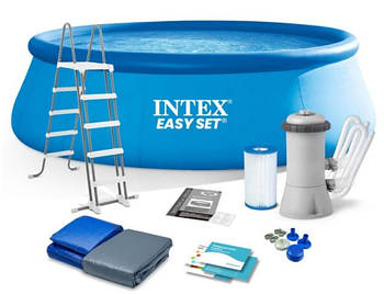Надувний безкаркасний круглий басейн Intex 26168 (457-122см, фільтр-насос, сходи, підстилка, тент) Синій
