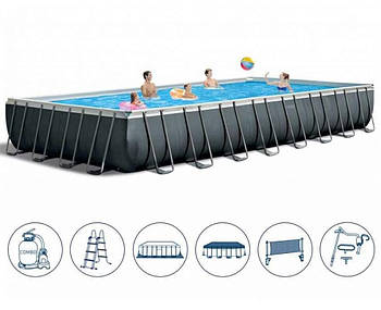 Каркасний прямокутний басейн Intex 26378 (фільтр-насос, сходи, підстилка, ремкомплект, 978х488х132см) Сірий