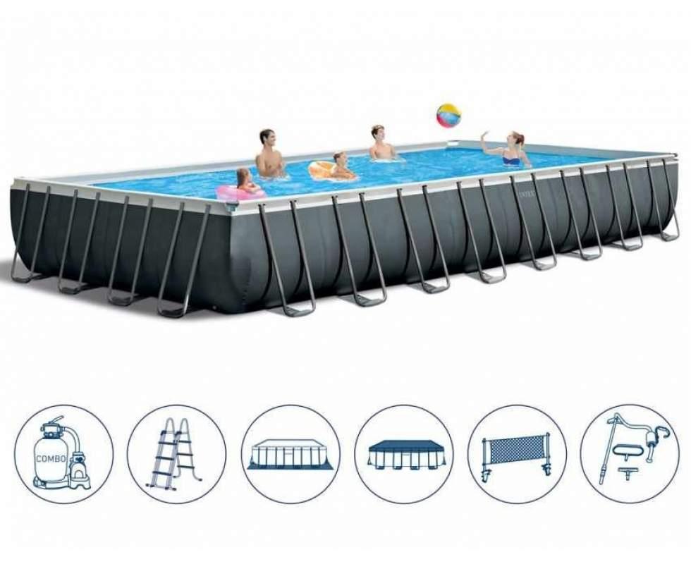 Каркасний прямокутний басейн Intex 26378 (фільтр-насос, сходи, підстилка, ремкомплект, 978х488х132см) Сірий