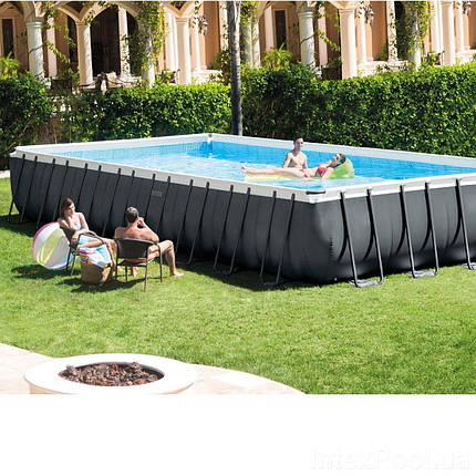 Каркасний прямокутний басейн Intex 26378 (фільтр-насос, сходи, підстилка, ремкомплект, 978х488х132см) Сірий, фото 3