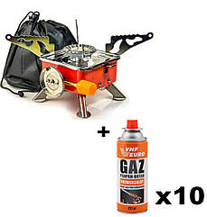 Туристичний газовий пальник Kovar K-202 з п'єзопідпалом + газові балони VMF Euro Gaz 400мл/227 гр 10шт.