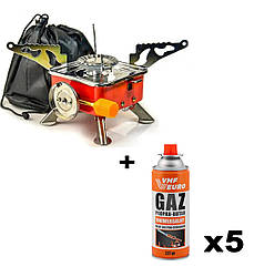 Туристичний газовий пальник Kovar K-202 з п'єзопідпалом + газові балони VMF Euro Gaz 400мл/227 гр 5шт.