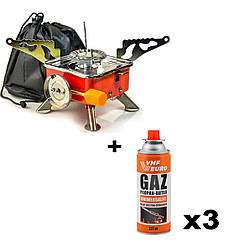 Туристичний газовий пальник Kovar K-202 з п'єзопідпалом + газові балони VMF Euro Gaz 400мл/227 гр 3шт.