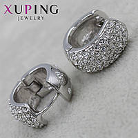 Серьги колечки Белое Золото диаметр 14 мм толщина 7 мм фирма Xuping Jewelry серебристые кристаллы бочонки