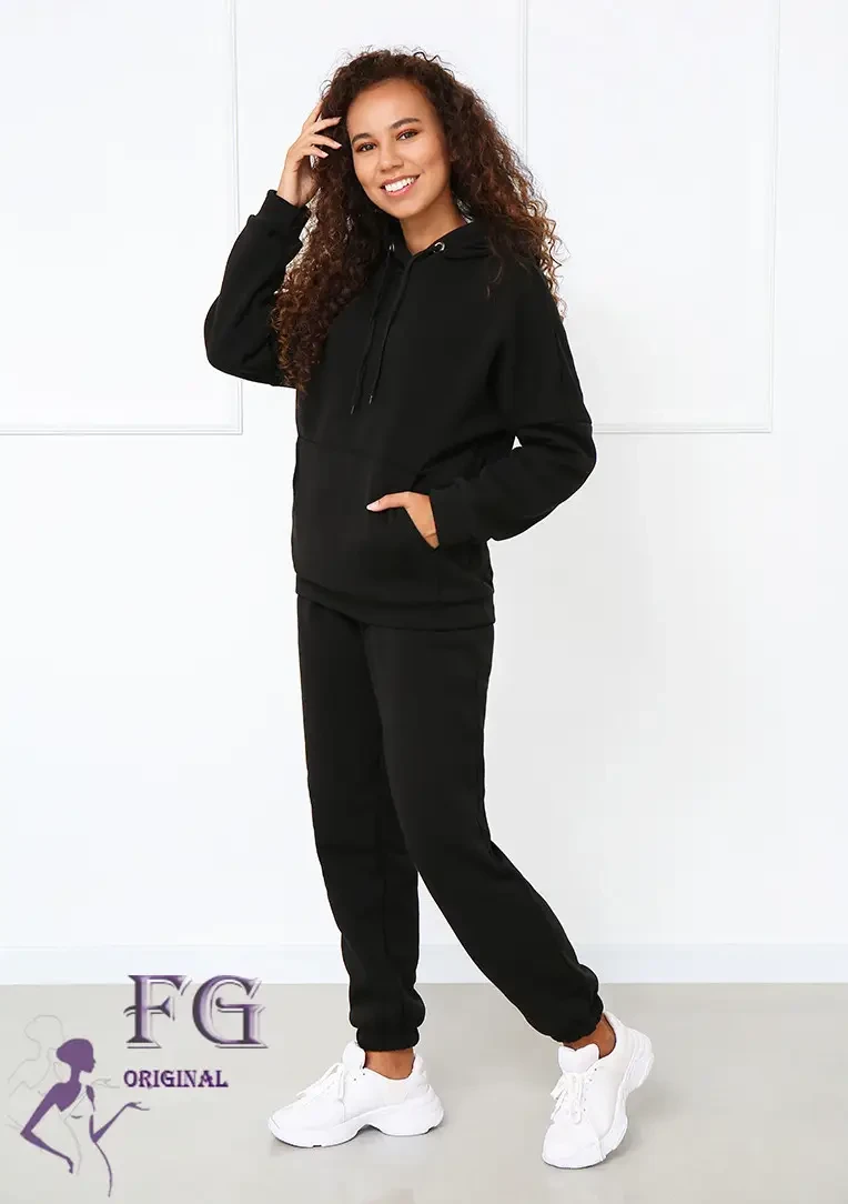 Жіночий теплий спортивний костюм худі та брюки у чорному кольорі, фото 1