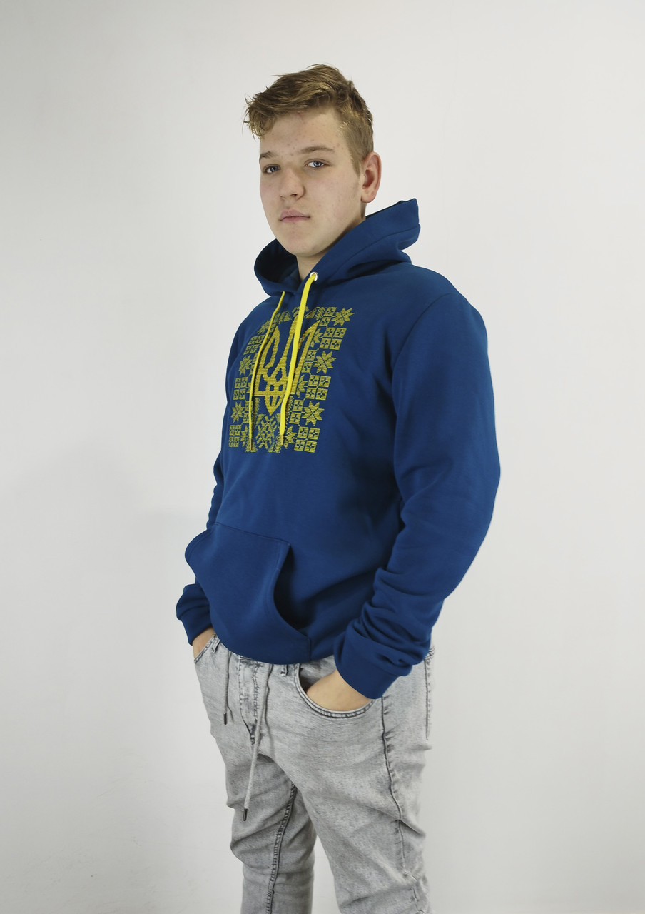 Худі з вишивкою Тризуб з орнаментом морська хвиля на флісі S,M,L,XL,XXL