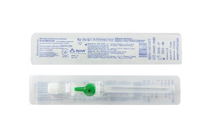 Канюля внутрішньовенна Igar Unoflon з портом 18G (1,3*45 мм), від 50 шт.