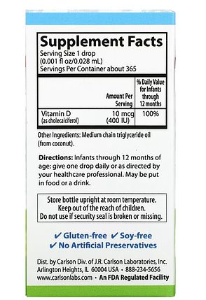 Вітамін Д3 рідкий для дітей Carlson Labs Kid's Super Daily D3 400 IU (10 mcg) 2,54 ml, фото 2