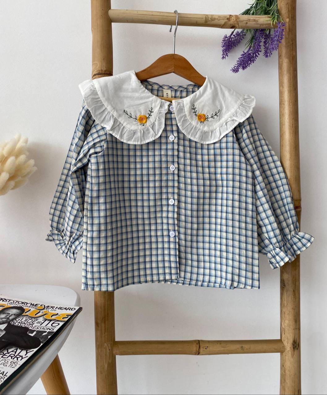 Блузка на дівчинку в клітинку "Квіточки" Блакитна W2213, 100, WPXJ, Блакитний, Для дівчаток, Весна Осінь, 122, фото 1