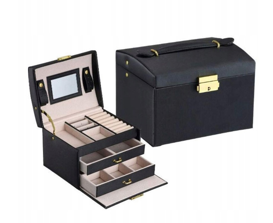 Чорний органайзер для зберігання ювелірних виробів із висувними ящиками на замку