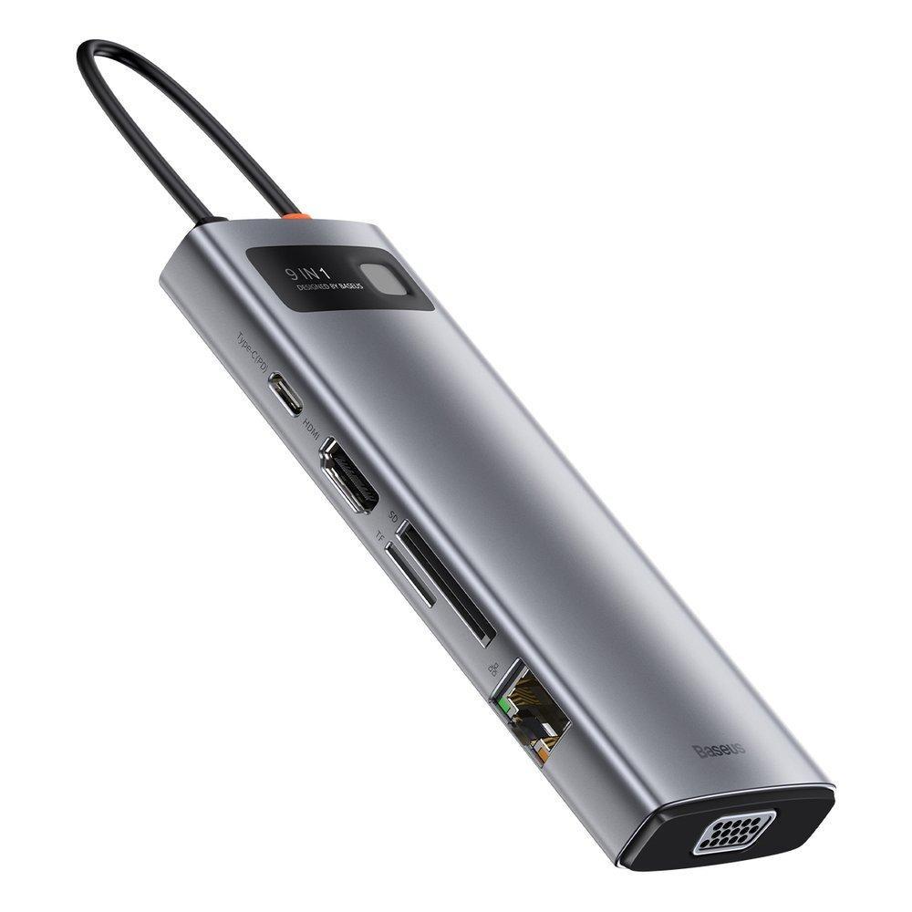 USB-хаб Baseus 8in1 Metal Gleam 8-Port Type-C HUB Adapter Type-C to USB3.0*3, Type-C(PD)*1, 4KHDMI, RJ45, TF, SD Сірий