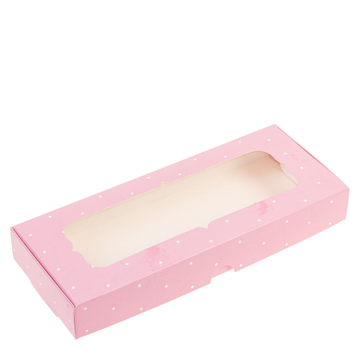 Коробка 220х90х30 для пряника з вікном, пудра в горошок, фото 1