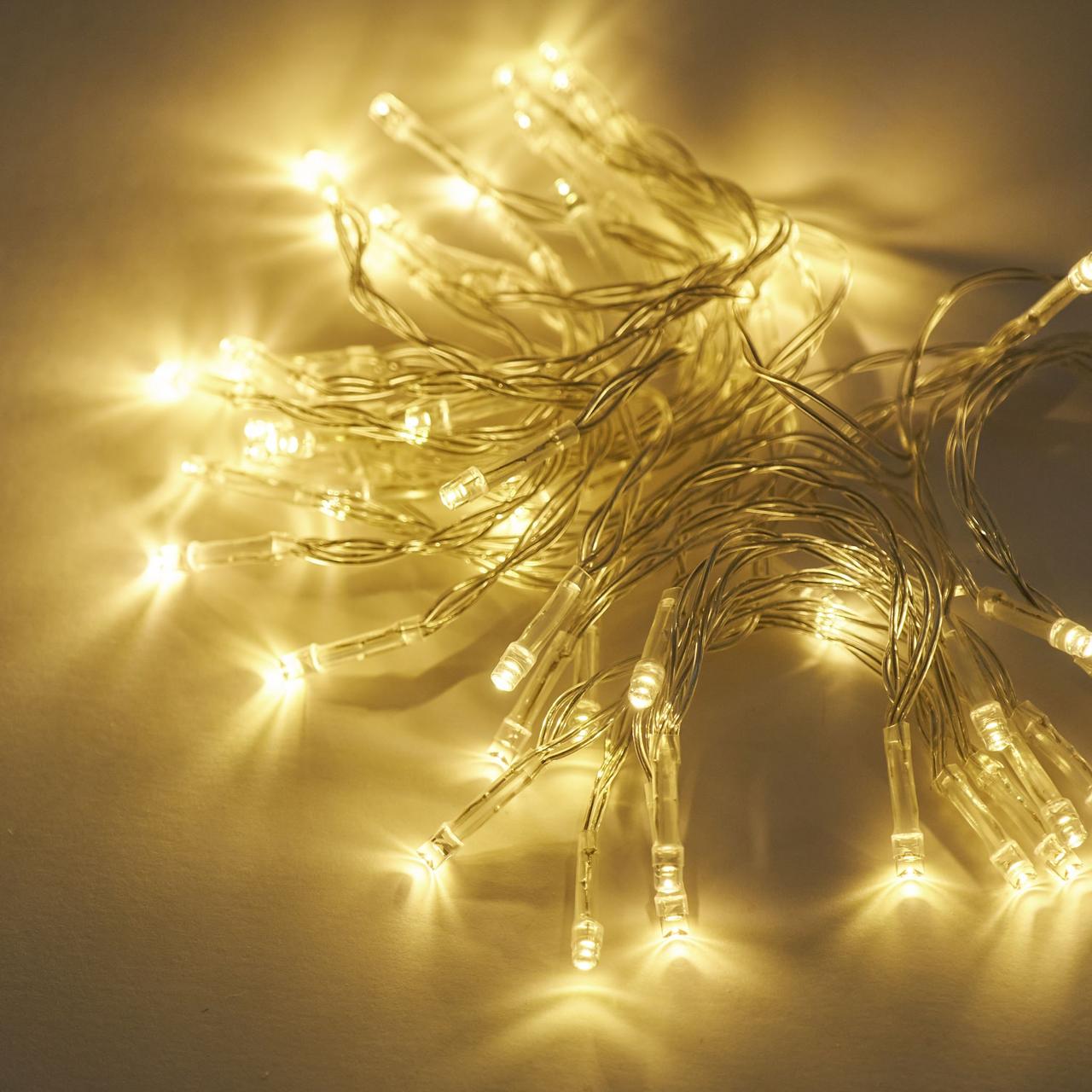 Гірлянда на батарейках 50 LED біла теплий світлодіодна гірлянда на прозорому проводі 2 Режиму - статичний, миготливий, фото 1