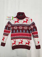 Детский вязаный свитер с оленями для девочки 6-7 лет бордовый шерсть