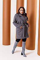Женское стильное кашемировое пальто в классическом стиле короткое с поясом больших размеров серое