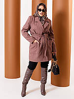 Женское стильное кашемировое пальто в классическом стиле короткое с поясом больших размеров капучино