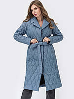 Пальто плащ модное стеганая плащевка демисезон с поясом английский отложной воротник голубое