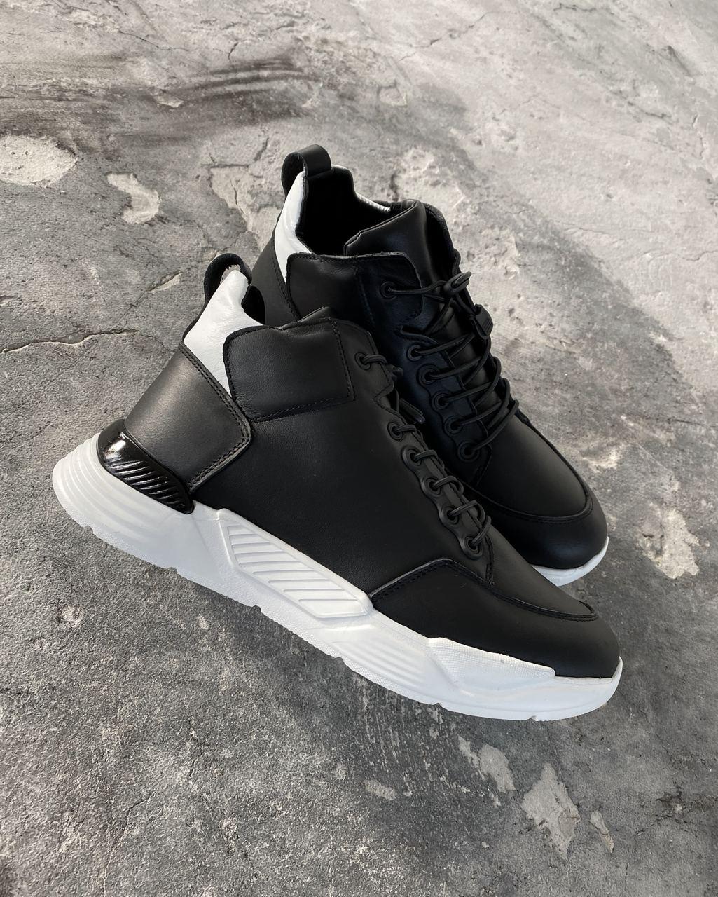 Чоловічі зимові шкіряні черевики з хутром чорні модні. Чоловіче зимове взуття, фото 1