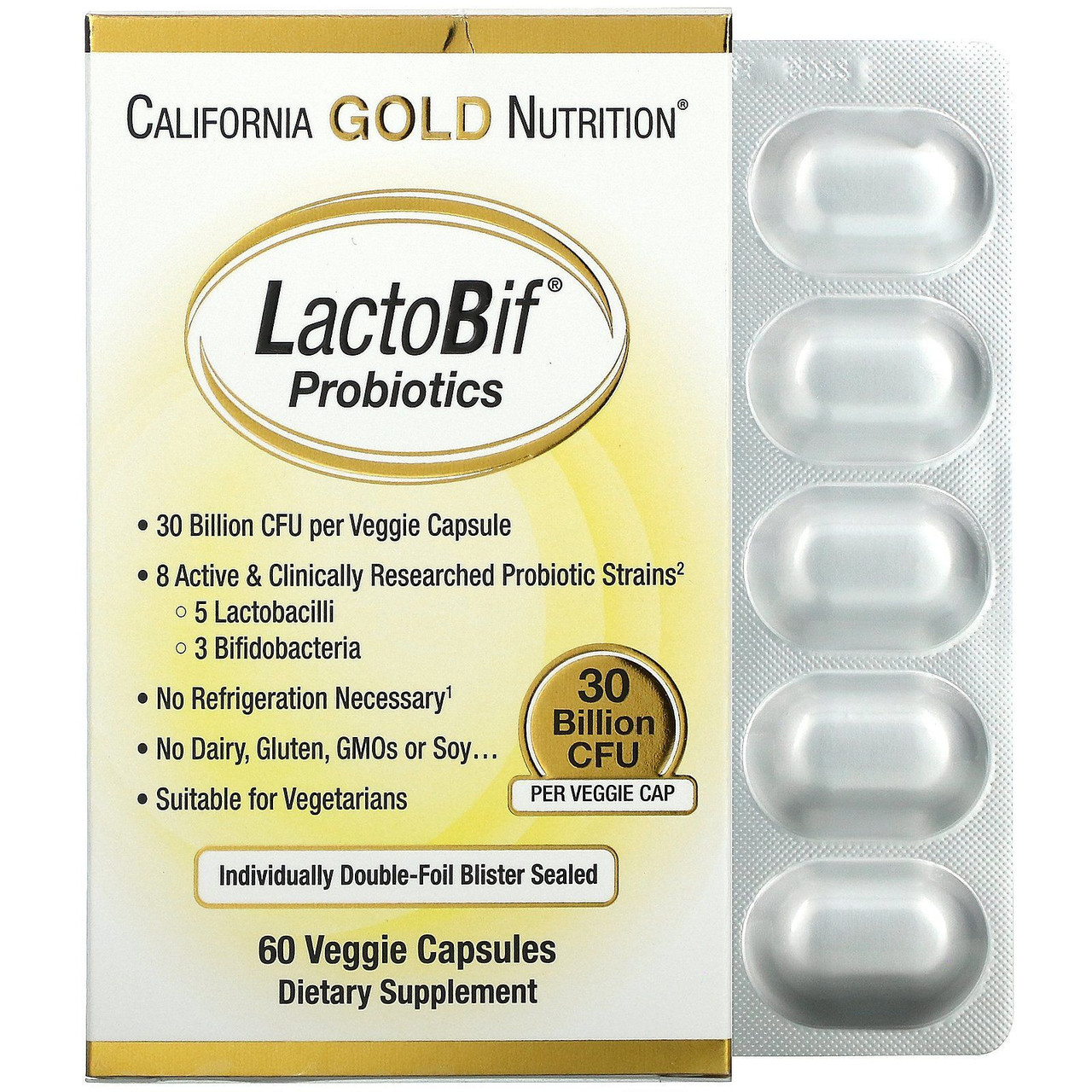 Пробіотики California Gold Nutrition (LactoBif Probiotics) 30 млрд КУО 60 овочевих капсул