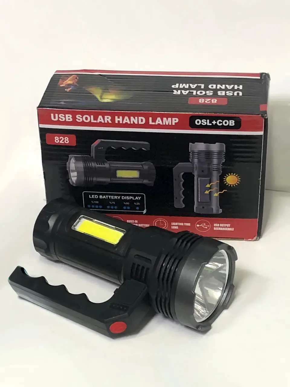 Ліхтарик ручний акумуляторний на сонячній батареї USB Soler Hand lamp 828 OSL+COB