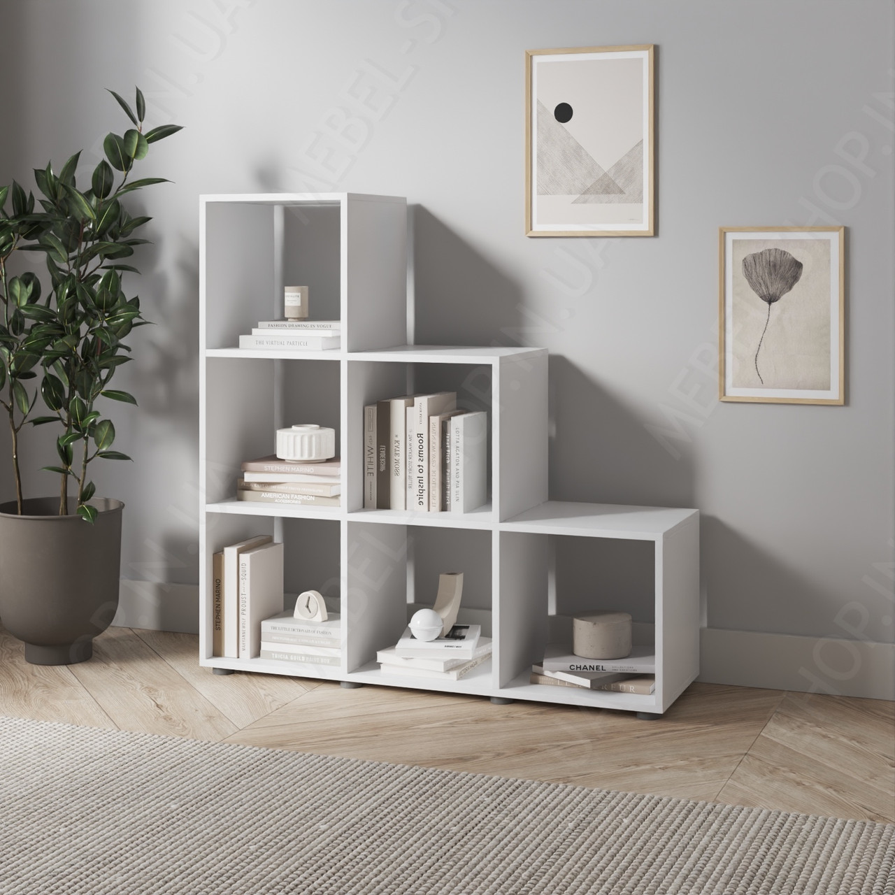 Книжковий стелаж гірка на 6 осередків для дому з ДСП Полиця драбинки для книг та декоративних елементів у вітальню, фото 1