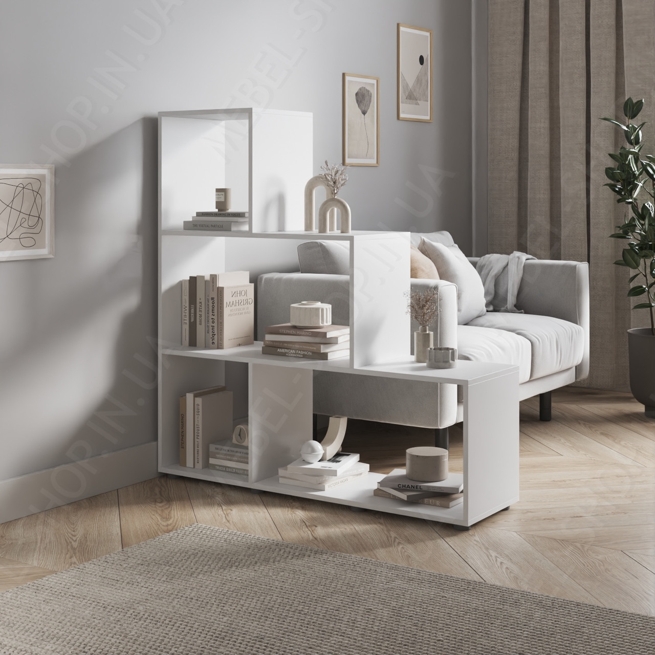 Полиця ступінчаста для книг та квітів на 4 осередки з Ламінованого ДСП Книжкові стелажі в інтер'єрі кімнати, фото 1