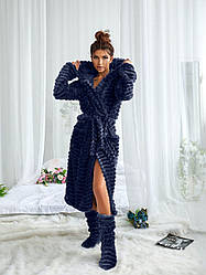 Халат жіночий домашній теплий довгий із капюшоном плюшевий на запах колір синій