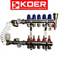 Колектор для теплої підлоги "Koer" в зборі без насоса на 5 контурів