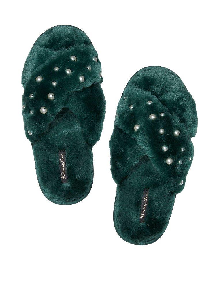 Домашні Тапочки Victoria's Secret Crisscross Faux Fur Slides, Зелені з перлами, фото 1