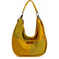 Красивая объёмная сумка Хобо черного цвета под кожу украшена тканью Желтый